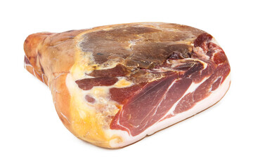 Traditional Italian Prosciutto Crudo ham isolated on a white background. See the portfolio from a different angle.