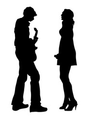 Rock band musicians on stage. Isolated silhouettes on a white background