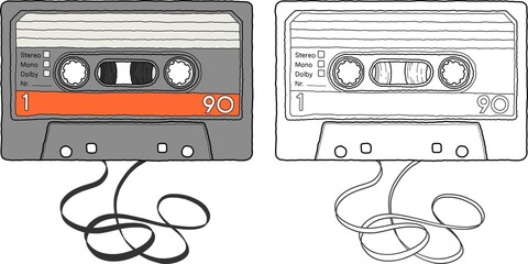 Hand drawing of a vintage cassette tape.