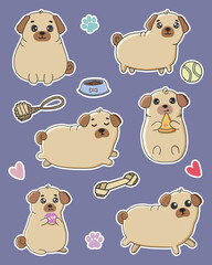 Big set of funny stickers with pugs. Great for greeting cards, design  and more.