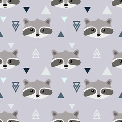 Abstract seamless  pattern with raccoons and triangles.  Perfect background for fabric, wrapping, textile, wallpaper, decoration.  Vector illustration © Alina