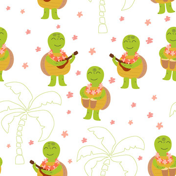 Seamless pattern with cute hawaiian turtles. Boys play to music on ukulele and  drums. They are perfect for baby, kids apparel, print design, textile.
