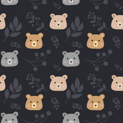 Seamless childish pattern with cute bears and plant branches.  Baby texture for fabric, wrapping, textile, wallpaper, clothing. Vector illustration