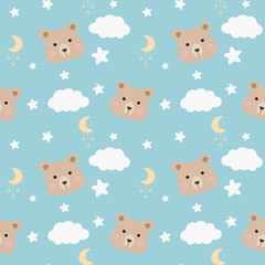 Seamless childish pattern with cute bears, clouds, moon, stars. Baby texture for fabric, wrapping, textile, wallpaper, clothing. Vector illustration