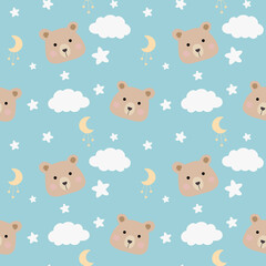 Seamless childish pattern with cute bears, clouds, moon, stars. Baby texture for fabric, wrapping, textile, wallpaper, clothing. Vector illustration