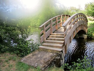 Pont romantique en bois sur un cours d'eau calme. Rives verdoyantes. 