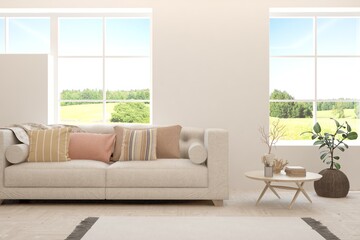 White living room with sofa and summer landscape in window. Scandinavian interior design. 3D illustration