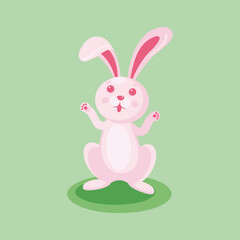 Funny easter bunny stands and looks up in surprise. Vector illuctration, cartoon character isolated, card, sticker