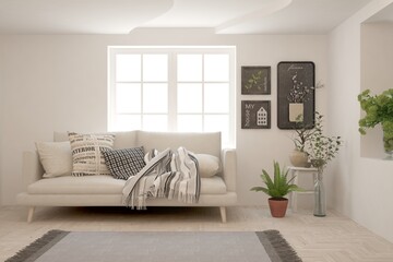 White living room with sofa. Scandinavian interior design. 3D illustration