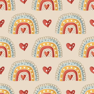 Ornate cute rainbow seamless pattern with hearts. Cute kid illustrations. Nursery love baby abstract art with childish elements.