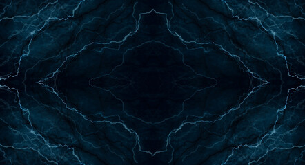 Dark abstraction with lightning and lines. Marble texture, decorative dark stone. Blue neon. 