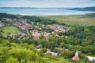 Fototapeta na wymiar A panorama view of Balaton lake from ruins of Szigliget castle in Hungary