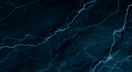 Dark abstraction with lightning and lines. Marble texture, decorative dark stone. Blue neon. 