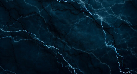 Dark abstraction with lightning and lines. Marble texture, decorative dark stone. Blue neon. 