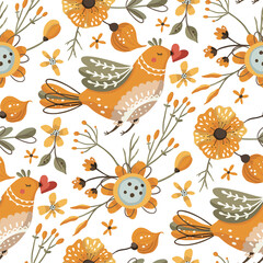 Fairy bird and flower seamless vector pattern. Floral ornate folk art cartoon wallpaper ornament.