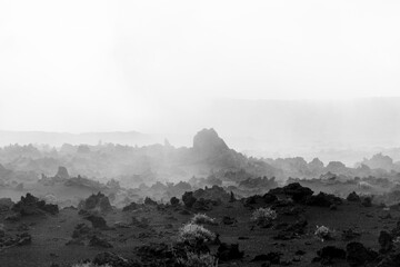 Landscape lava volcano mist fog black and white dark