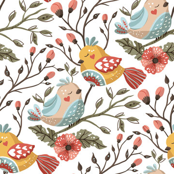Bird and flower detailed kid seamless vector pattern. Floral ornate folk art cartoon wallpaper ornament. Birds on a branch.