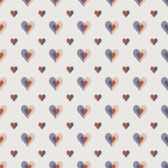 Seamless geometric pattern with hearts. Vector repeating texture in polka dot style in off-white, orange and purple colours. Great for interiors, prints and fashion fabrics.