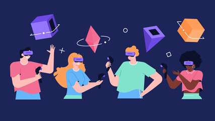 Set of characters on black background in VR glasses with controllers in their hands. Cyberspace, games, virtual reality training. Vector flat illustration.