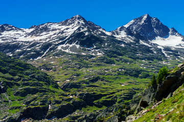 Passo Gavia, mountain pass in Lombardy, Italy, at summer