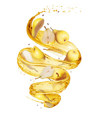 Pears with splashes of juice in a swirling shape, isolated on white background