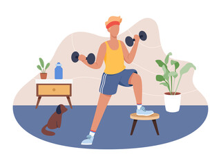 Young man working out at home. Boy doing sport indoor, Active healthy lifestyle vector. Sport exercise at home, Yoga and fitness, Home workout concept. Vector illustration in a flat style