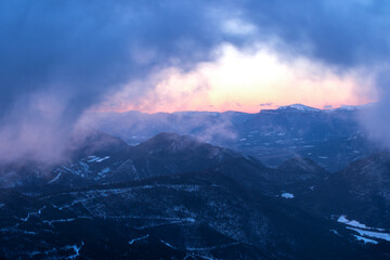 Fototapeta premium French winter landscapes. Panoramic view of mountain peaks and canyons. Vercors Regional Natural Park.
