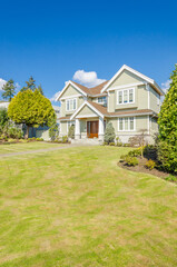 Houses in suburb with Spring Blossom in the north America. Luxury houses with nice white and pink...