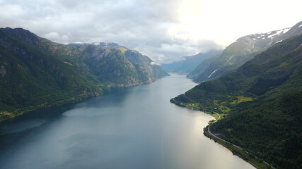 Fototapeta na wymiar View to fjord and water from drone in Norway