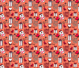 Vector seamless pattern with hand drawn pictures about love. Icons for valentine's day, wedding and declaration of love. Illustration for printing onto fabrics and wrapping paper. Hearts, gifts, bows