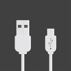White micro usb cables. Smart phone recharge supply or PC peripherals connector. Cable mobile devices symbol.