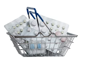 Türaufkleber Einkaufstasche gefüllt mit Pillen auf weißem Hintergrund. © Albert Ziganshin