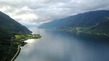 View to fjord and water from drone in Norway