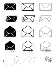 Big set of closed envelope, open envelope and fast moving modern mail symbol. Envelope sign. Vector drawing. Email symbol. Letter icon set. Email notification. Contact Form. Modern line art design.