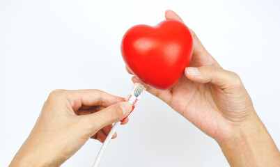 Red heart in woman's hand with LAN cable.     