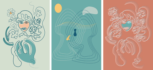 Linear art The Flower Girl in Love, set of three abstract posters, symbolic line illustration, print, interior decor.