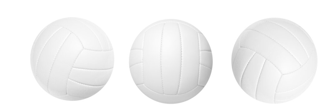 White volleyball leather ball set on white background. Sports equipment concept.