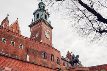 Clock Tower and Kosciuszko Monument, Wawel Hill, Krakow, Poland. Krakow landmarks and architecture.