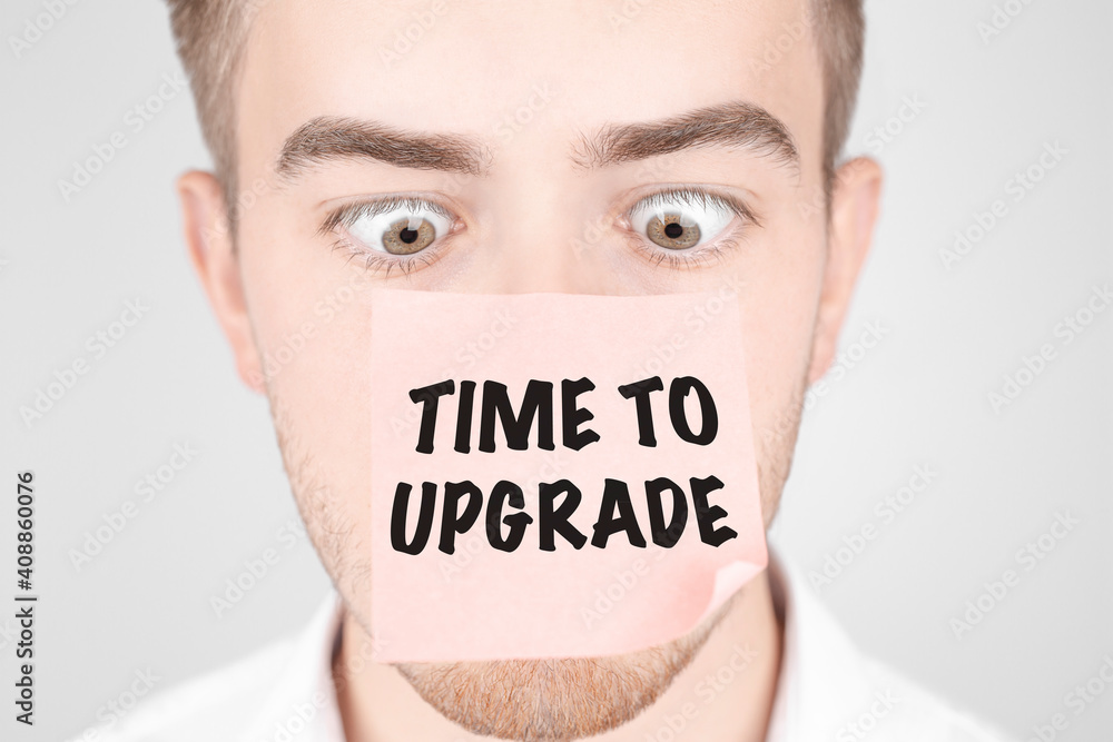 Aufkleber man with a red sticker on his nose reads the text time to upgrade