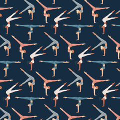 Sports women exercising legs raised apart. Blue dark background.