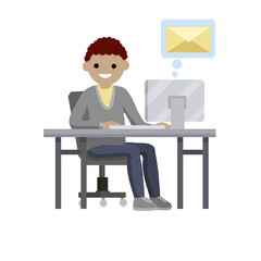 Young man sit at table with computer and receives letter. e-mail in messenger, chat with friends on Internet. Cartoon flat illustration. Work in office. postal envelope in bubble