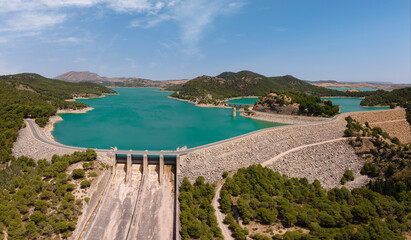 The large reservoir Guadalhorce in Andalusia photographed from the air. In the foreground is the...