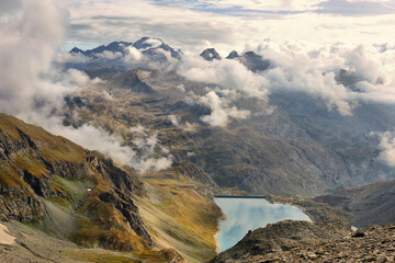 View of Serru lake from Col de la Lose in Vanoise national park, french alps,