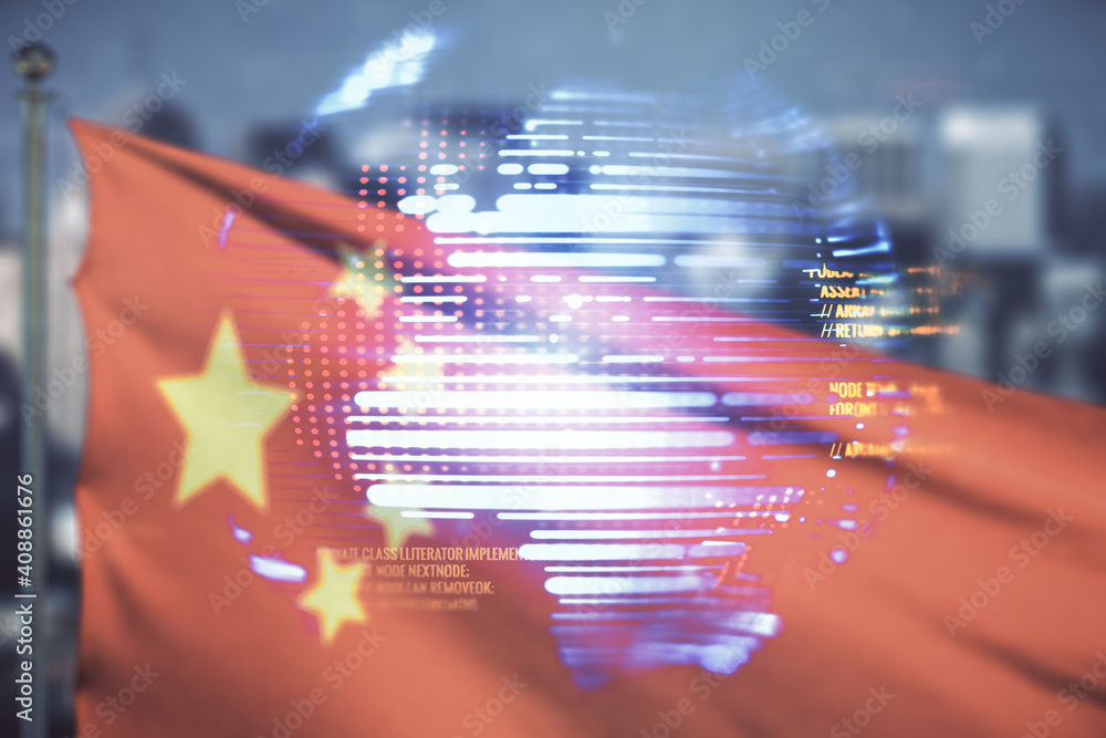 Poster double exposure of abstract creative programming illustration and world map on chinese flag and city