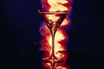 Glass of alcohol with ice on a fiery background - 408861600
