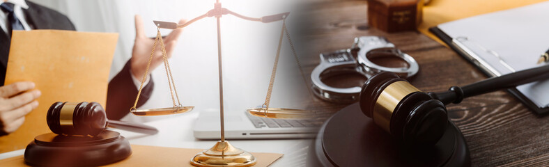 Business and lawyers discussing contract papers with brass scale on desk in office. Law, legal...