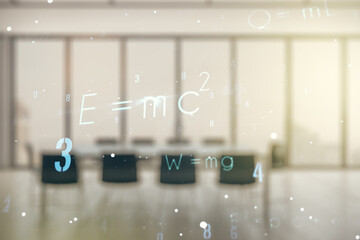 Scientific formula hologram on a modern boardroom background, research concept. Multiexposure