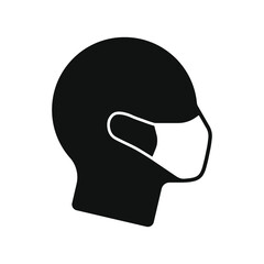 Face mask vector sign. Covid-19 social distancing and safety measures symbol. Coronavirus pandemic icon. Protective mask head silhouette.