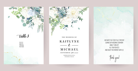 Silver sage green, mint, blue, white flowers vector design spring cards