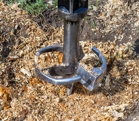 A metal cutter drills a stump of an old tree